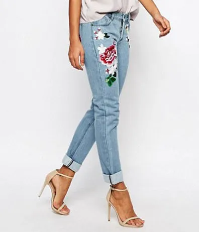 Embroidered Rose Women's Loose Denim Straight Pants